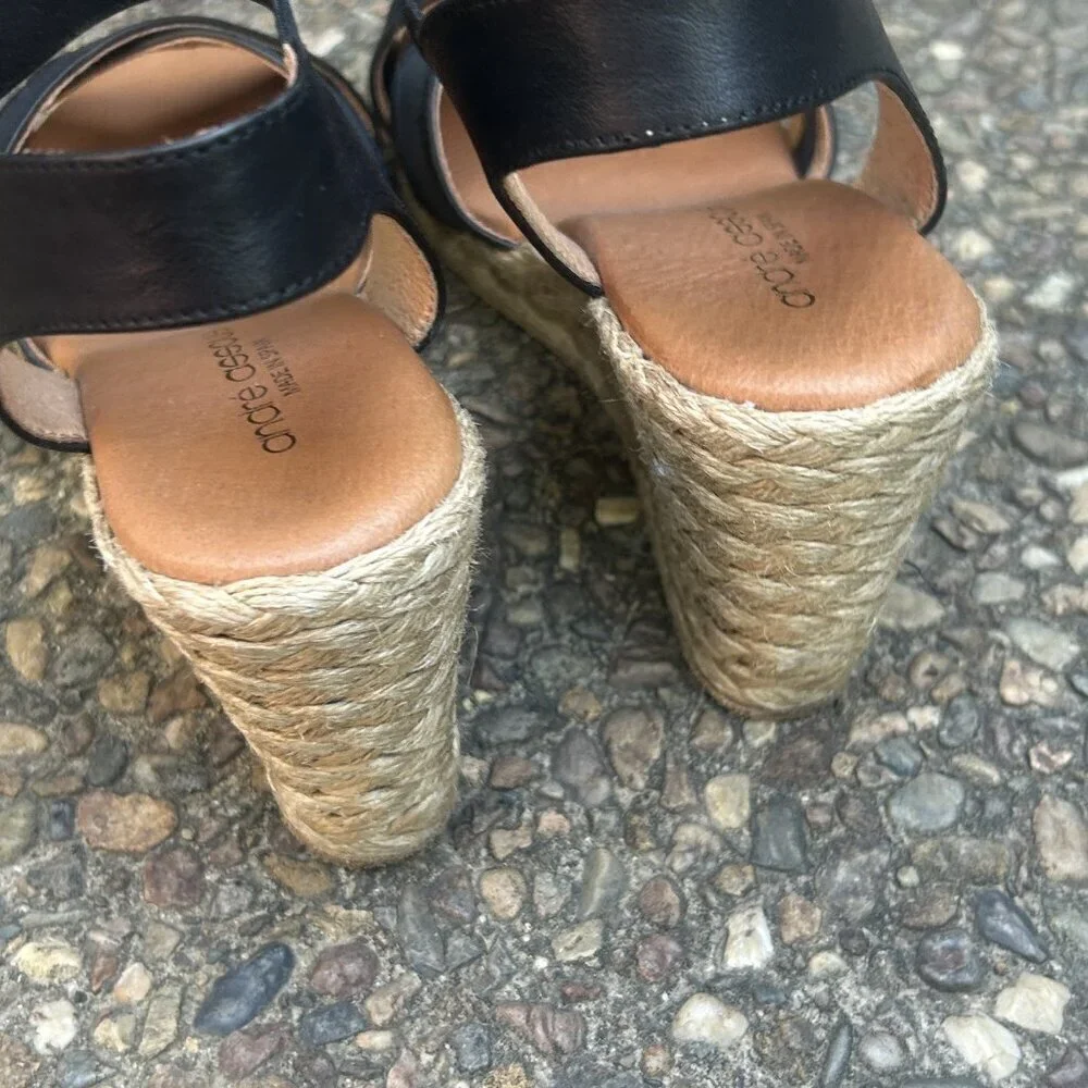 Andre Assoue Black Stretch Mesh Wedge Espadrille Sandals Size 37